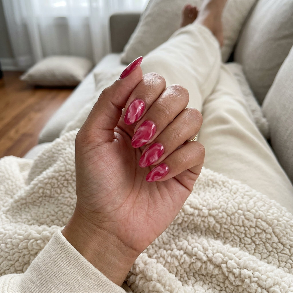 Raspberry Ripple Jelly Dream nails: sheer raspberry pink and creamy white jelly gel polish for a romantic date night or summer vacation.