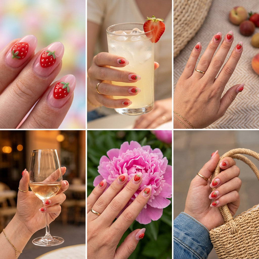 Miniature Strawberry Garden Jelly nails: sheer pink jelly with 3D sculpted strawberries for a whimsical festival or picnic outfit.