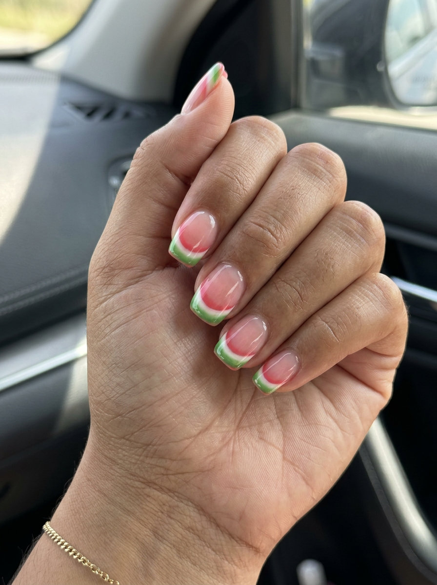 Watermelon Rind French Fade nails: sheer nude base with green, white, and pink gradient French tips for a playful vacation look.