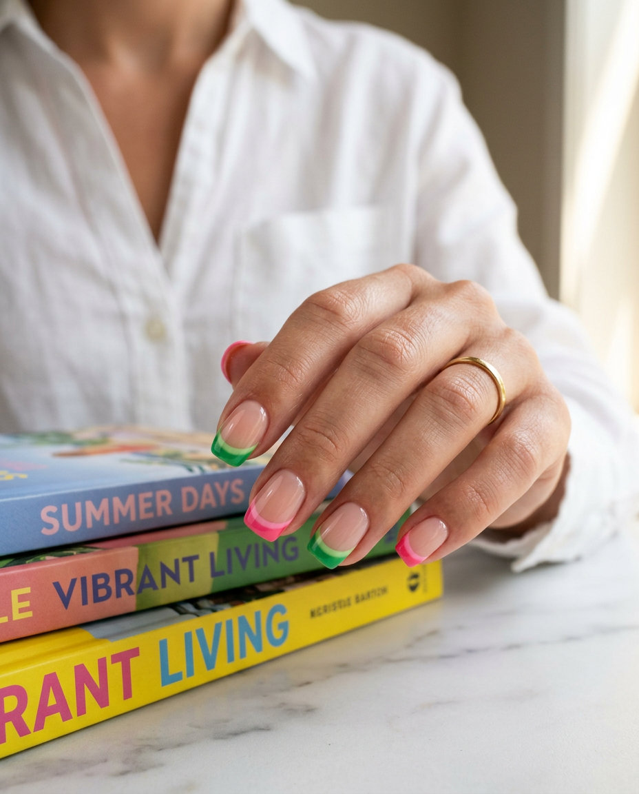 Watermelon Rind French nails: green and pink stripes on nude base for casual summer fun. Summer fruits nail art 2026.