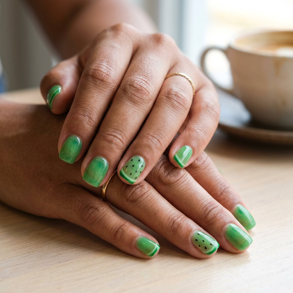Juicy Watermelon Slice Almond nails: translucent red with green rind and black seeds for summer fun. Summer fruits nail art 2026.