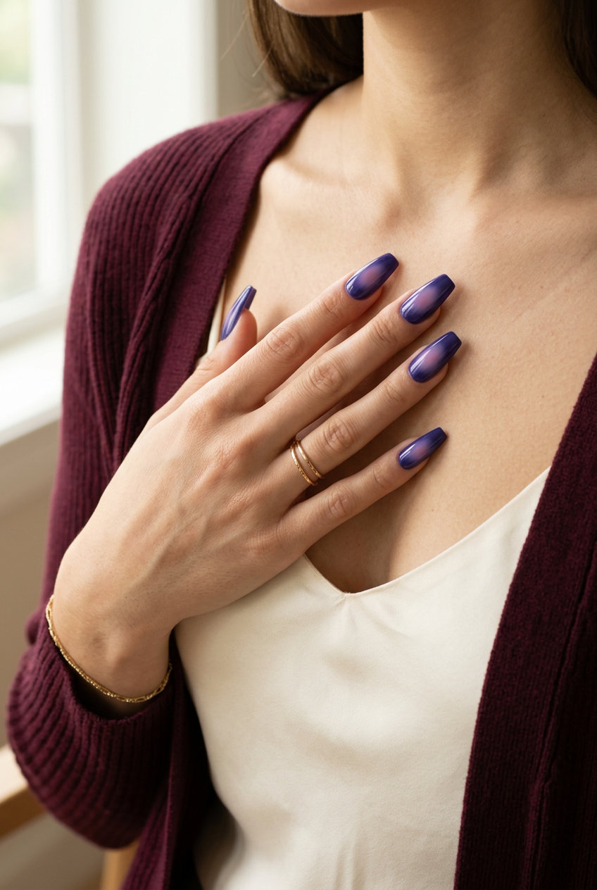 Blueberry haze aura nails for date night, mysterious and enchanting mood.