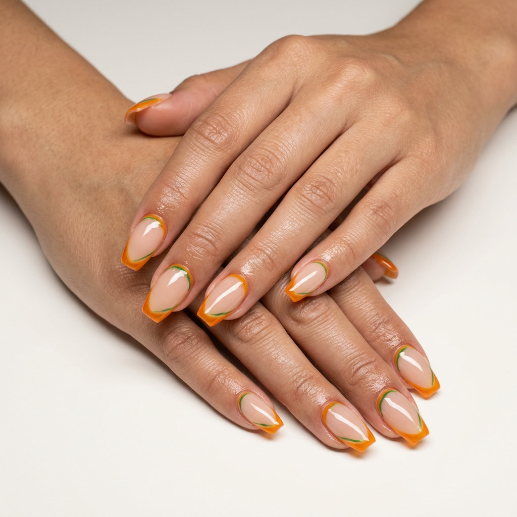 Citrus slice reverse French nails for vacation, playful and vibrant summer party style.
