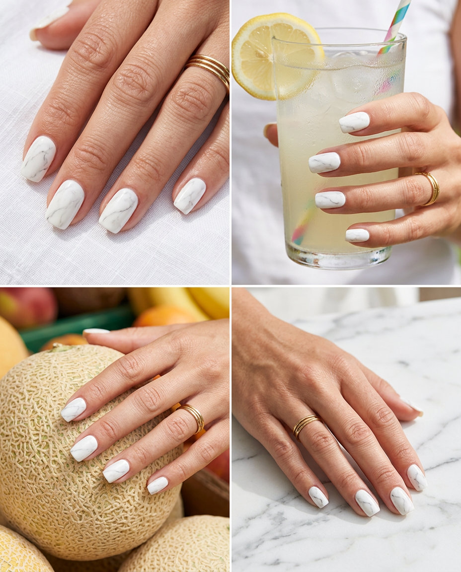 Coconut milk marble minimalist nails for work, chic and polished style.