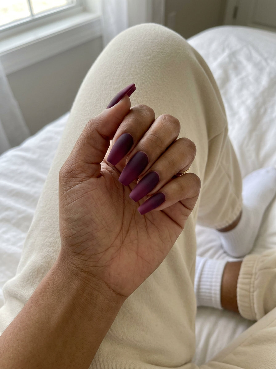 Velvet fig and plum ombre nails for formal events, sophisticated and luxurious look.