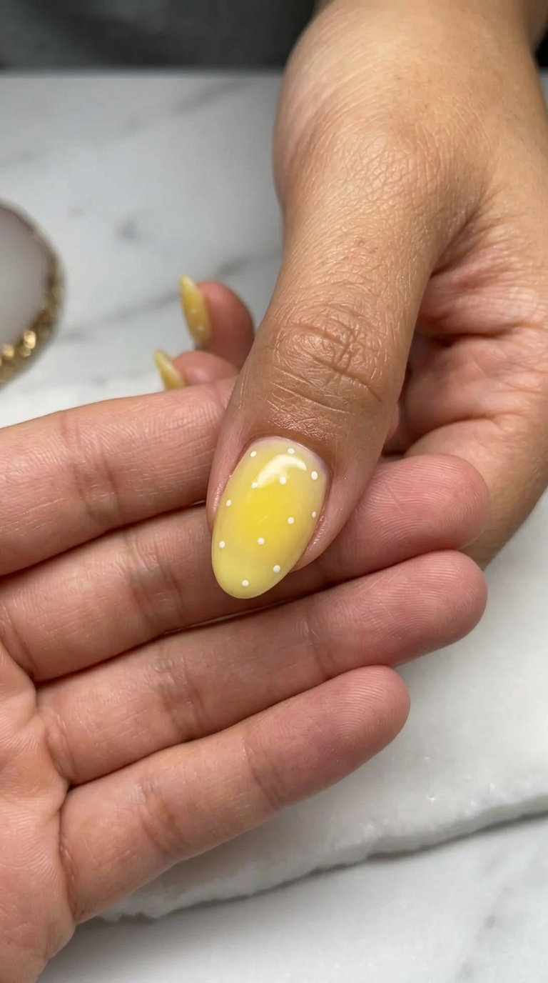 Short round summer gel nails with butter yellow aura and white dots, playful for casual days 2026.
