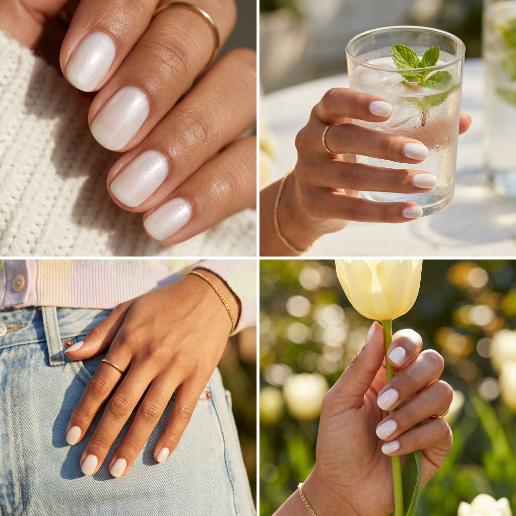 Short squoval summer gel nails in milky white with iridescent shimmer, perfect for casual wear 2026.