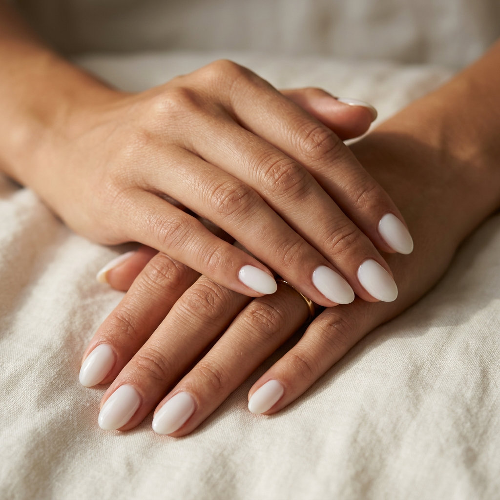 Short squoval summer gel nails in opaque milky white with a sheer gloss finish, minimalist for work 2026.