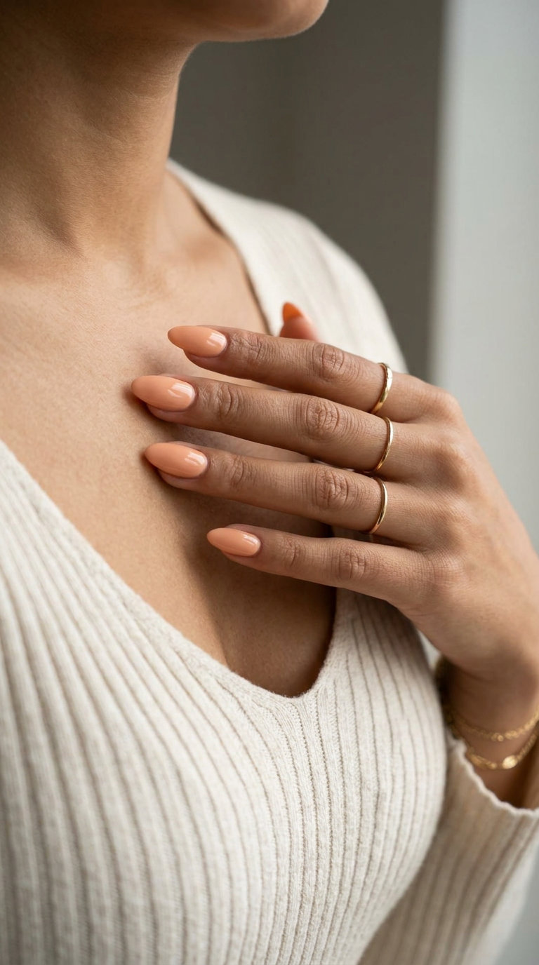 Short almond summer gel nails in warm Peach Fuzz, perfect for date night 2026.