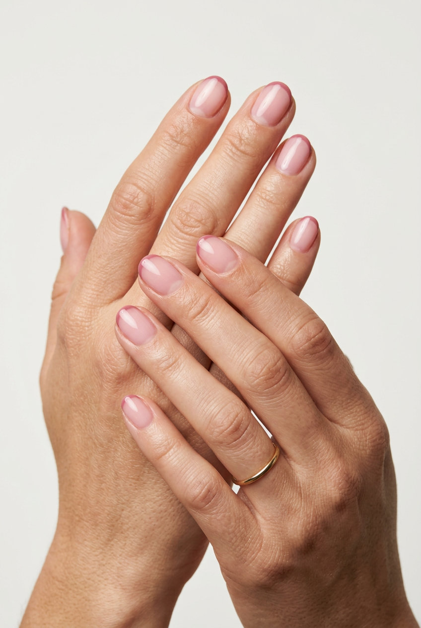 Sheer Pink Oval French summer gel nails short simple 2026 for wedding guest or formal events.