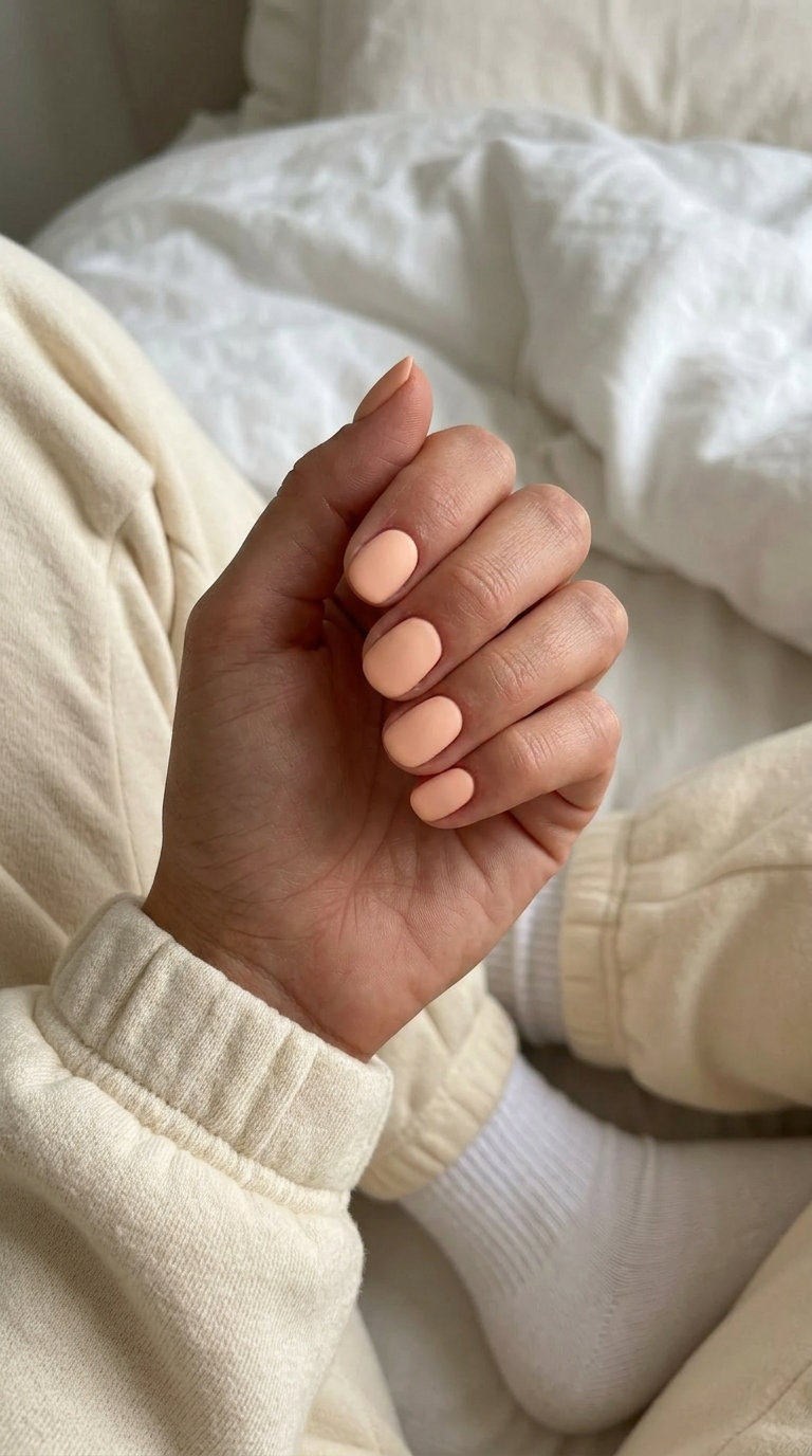 Velvet Peach Matte summer gel nails short simple 2026 for casual everyday elegance.