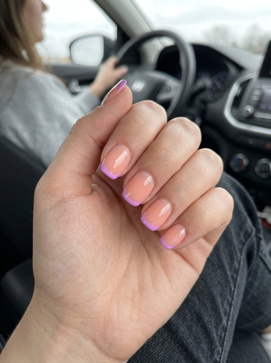 Lavender peach contrast French short simple gel nails 2026 for vacation and summer festivals. Bright.