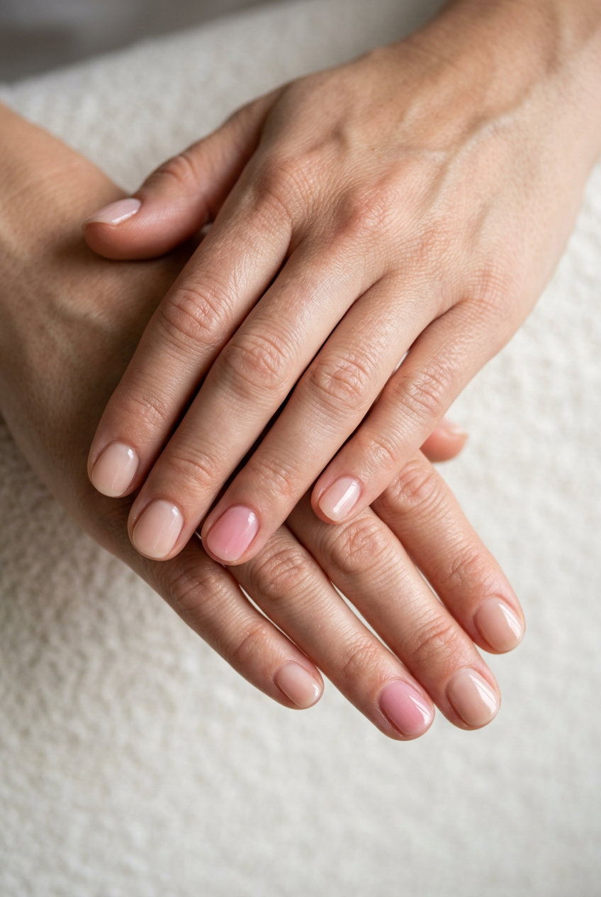 Sheer pink accent short simple gel nails 2026 for daily wear and minimalist style. Chic and understated.