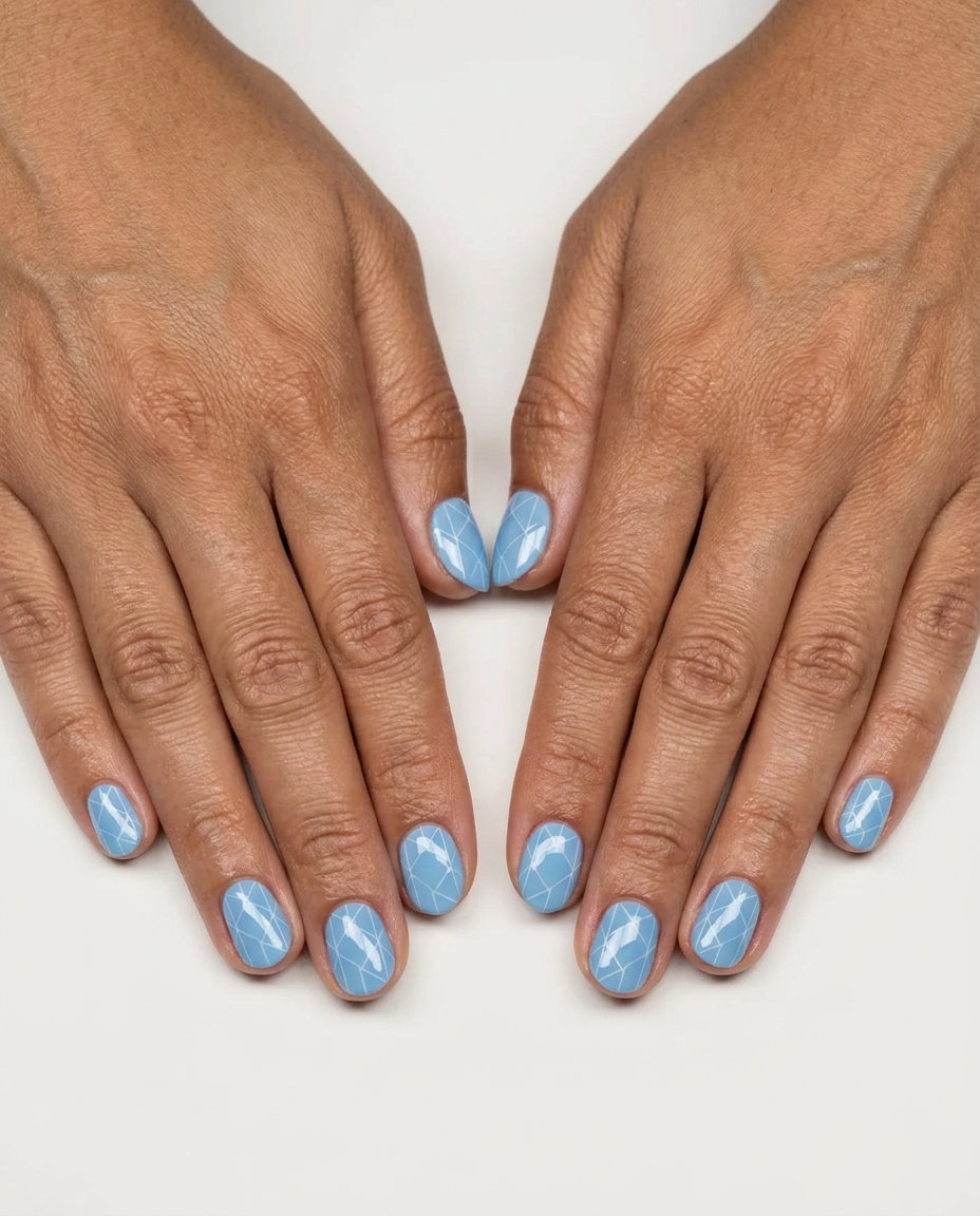 Short squared summer gel nails in sky blue with minimalist white lines, chic for work 2026.
