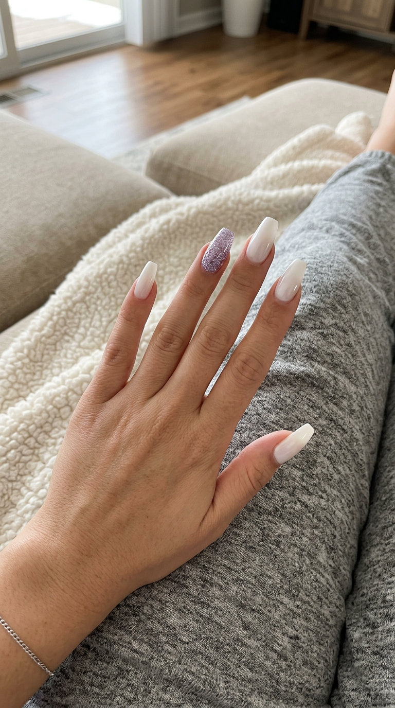 Amethyst accent coffin nails for summer glitter nails 2026. Milky white with concentrated lavender glitter accent.