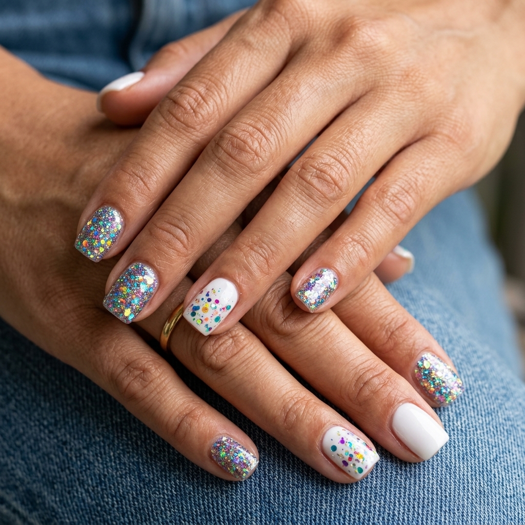 Playful chunky holographic festival square nails for summer glitter nails 2026, perfect for concerts and weekends.