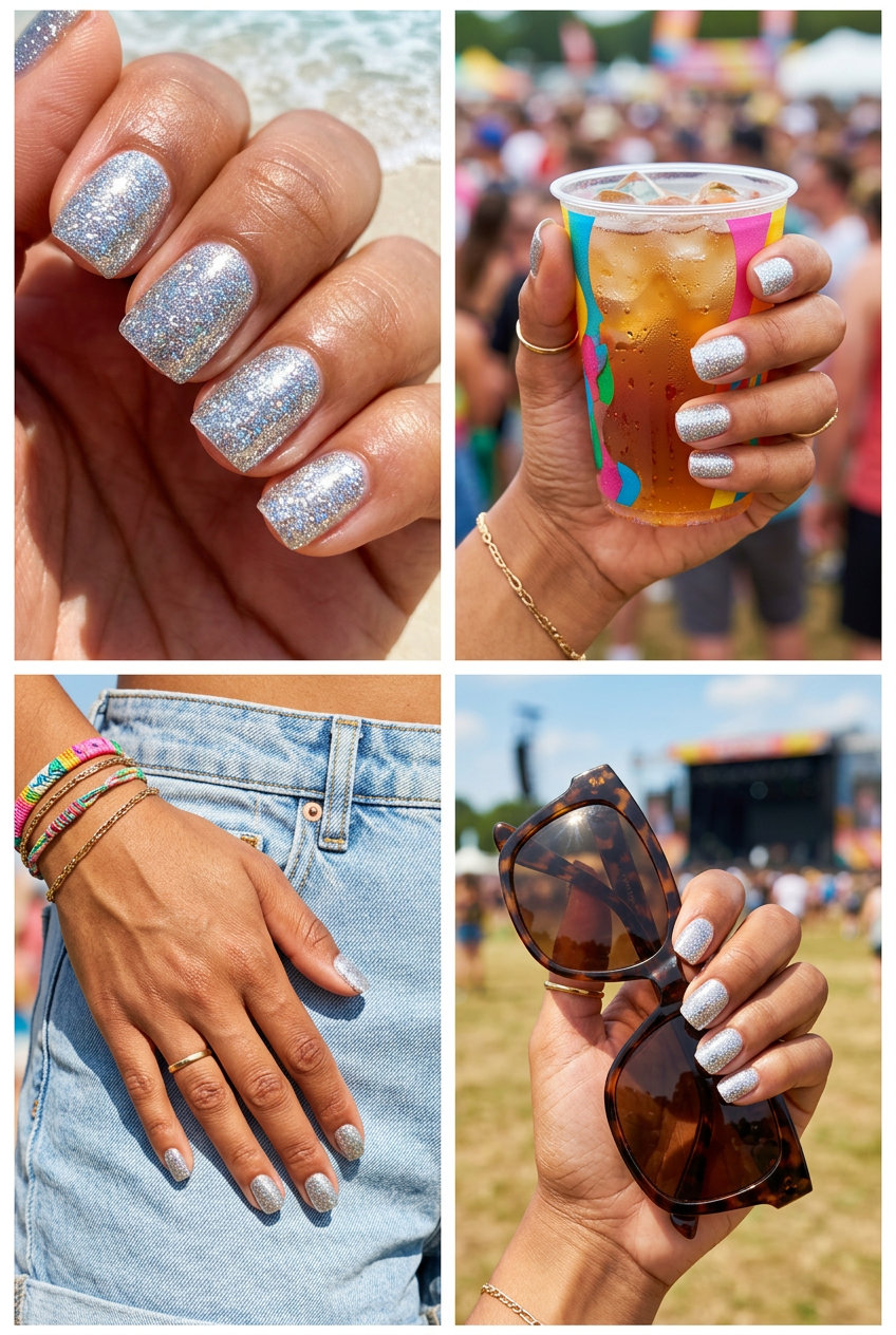 Bold disco ball shine square nails with silver glitter for summer glitter nails 2026, ideal for festivals and parties.