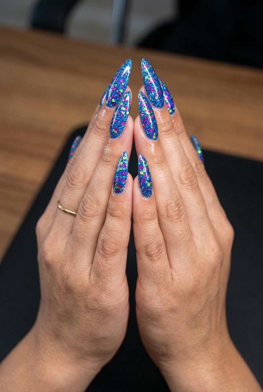 Electric summer sparkle full coverage stiletto nails for summer glitter nails 2026. Full coverage electric blue fine glitter.