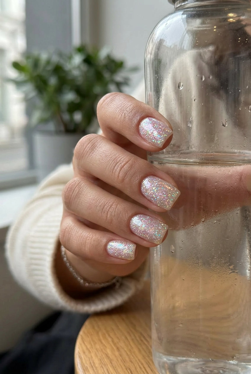 Everyday Iridescent Glow Squovals for summer glitter nails 2026. Minimalist sheer base with shifting iridescent glitter.