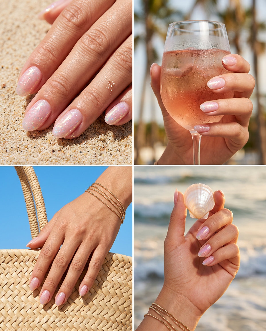 Fairy Dust Pink Oval nails for summer glitter nails 2026. Romantic sheer pink with iridescent flakes for date night.