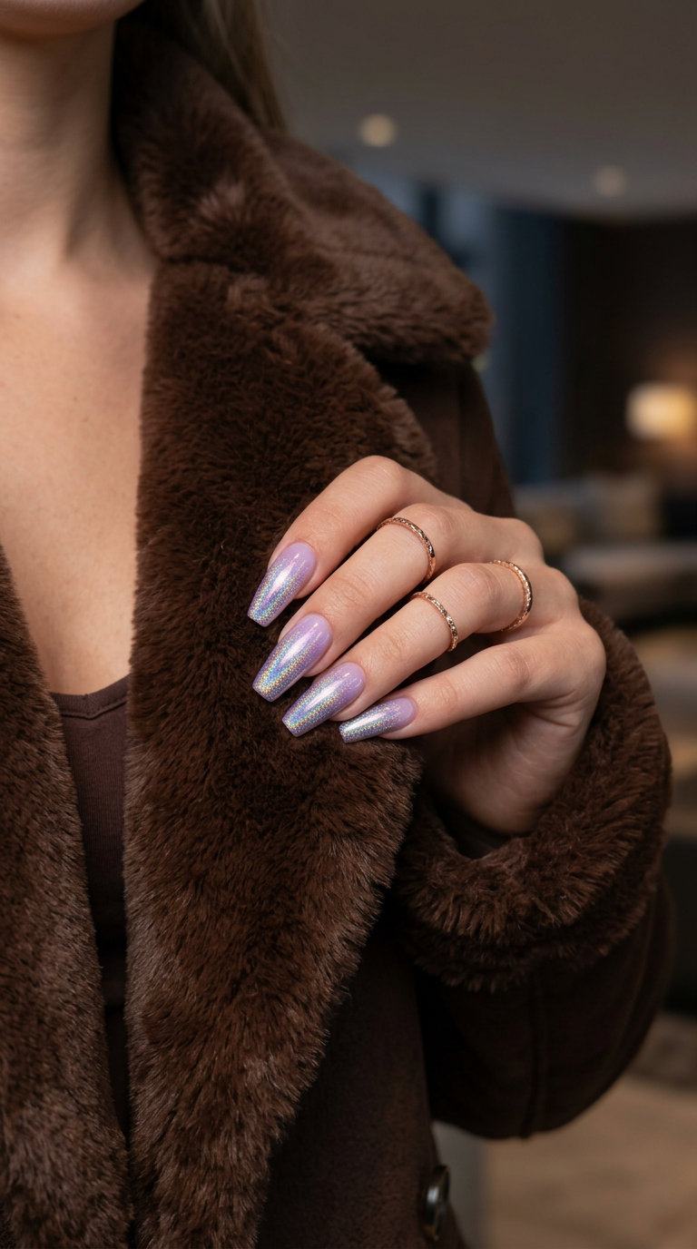 Galaxy Gradient Dream Coffin nails with sheer lavender and holographic glitter for summer glitter nails 2026.