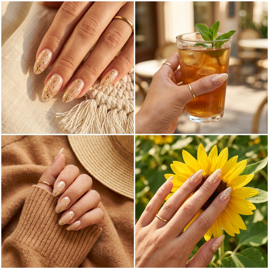 Golden Hour Foil Flake Almond nails with sheer nude and gold flakes for summer glitter nails 2026. Bohemian vacation style.