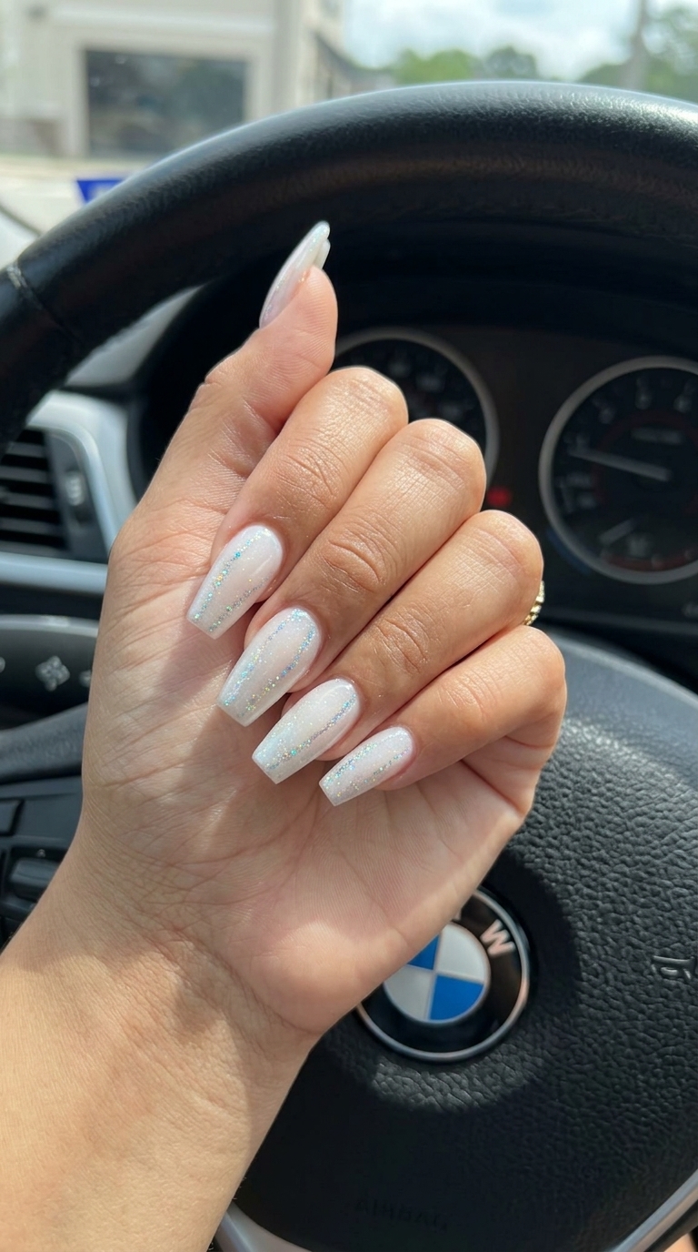 Cosmic linear holographic pipe nails for summer glitter nails 2026. Milky white with scattered holographic glitter lines.
