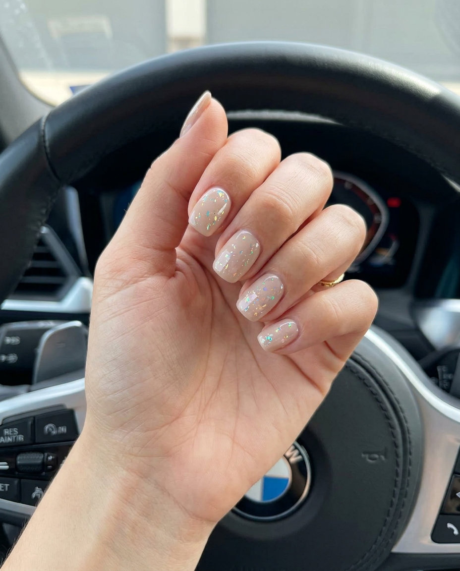 Gossamer iridescent flakes on nude squoval nails for summer glitter nails 2026. Neutral nude with scattered iridescent flakes.