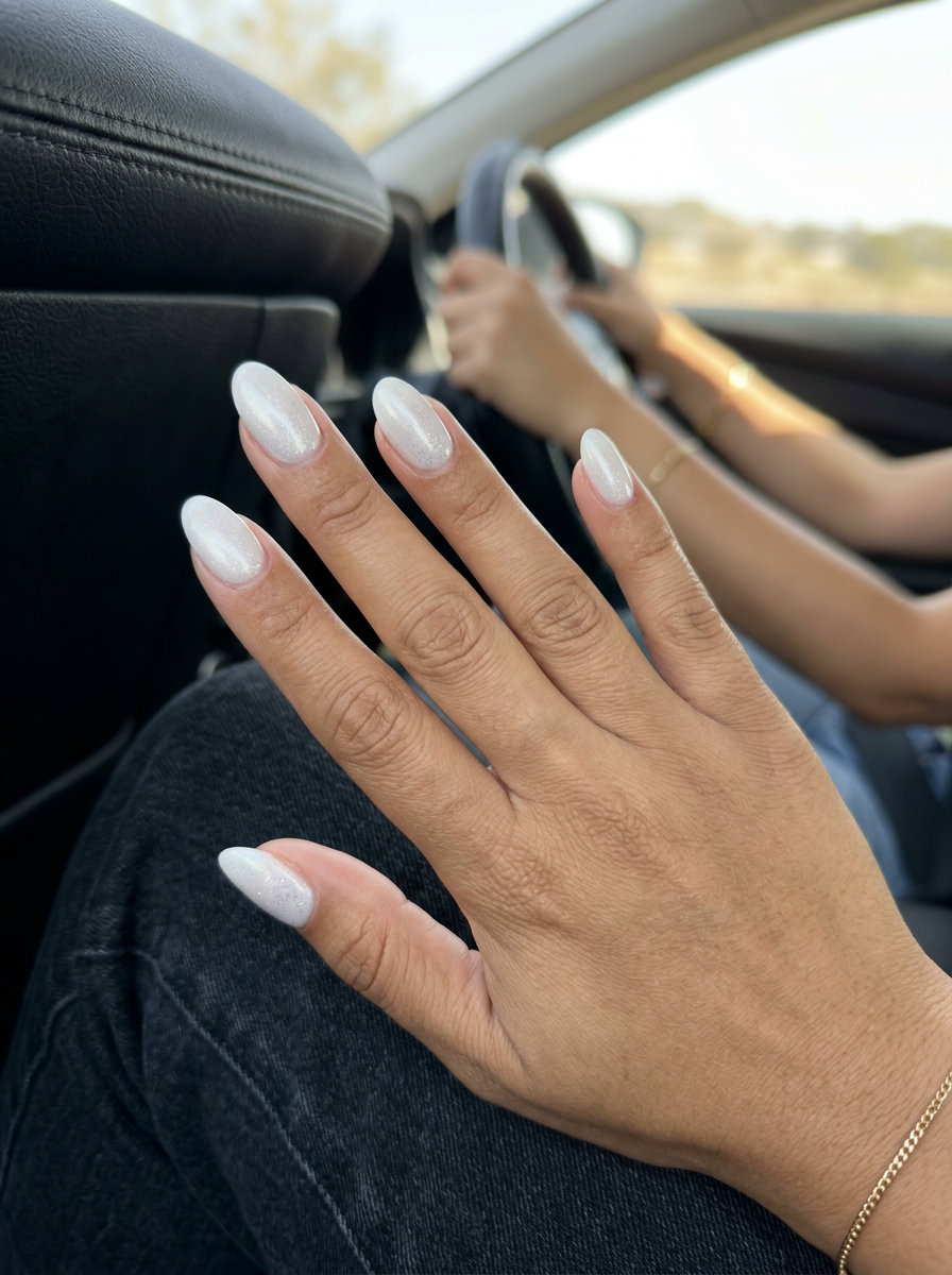 Oyster Shell Pearlescent Shimmer nails in soft white with silver glitter for summer glitter nails 2026. Elegant event look.