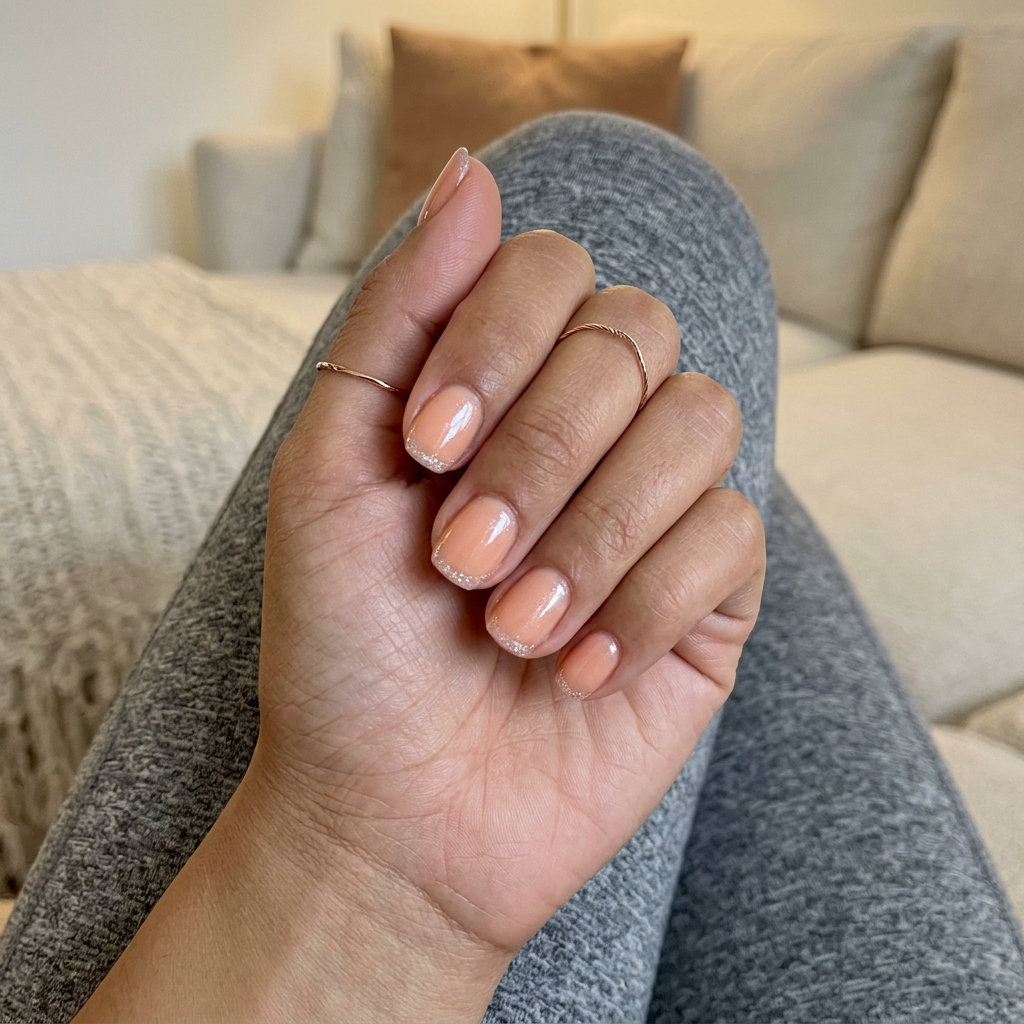 Peach glow micro-glitter French nails for summer glitter nails 2026. Sheer peach with iridescent micro-glitter tips.
