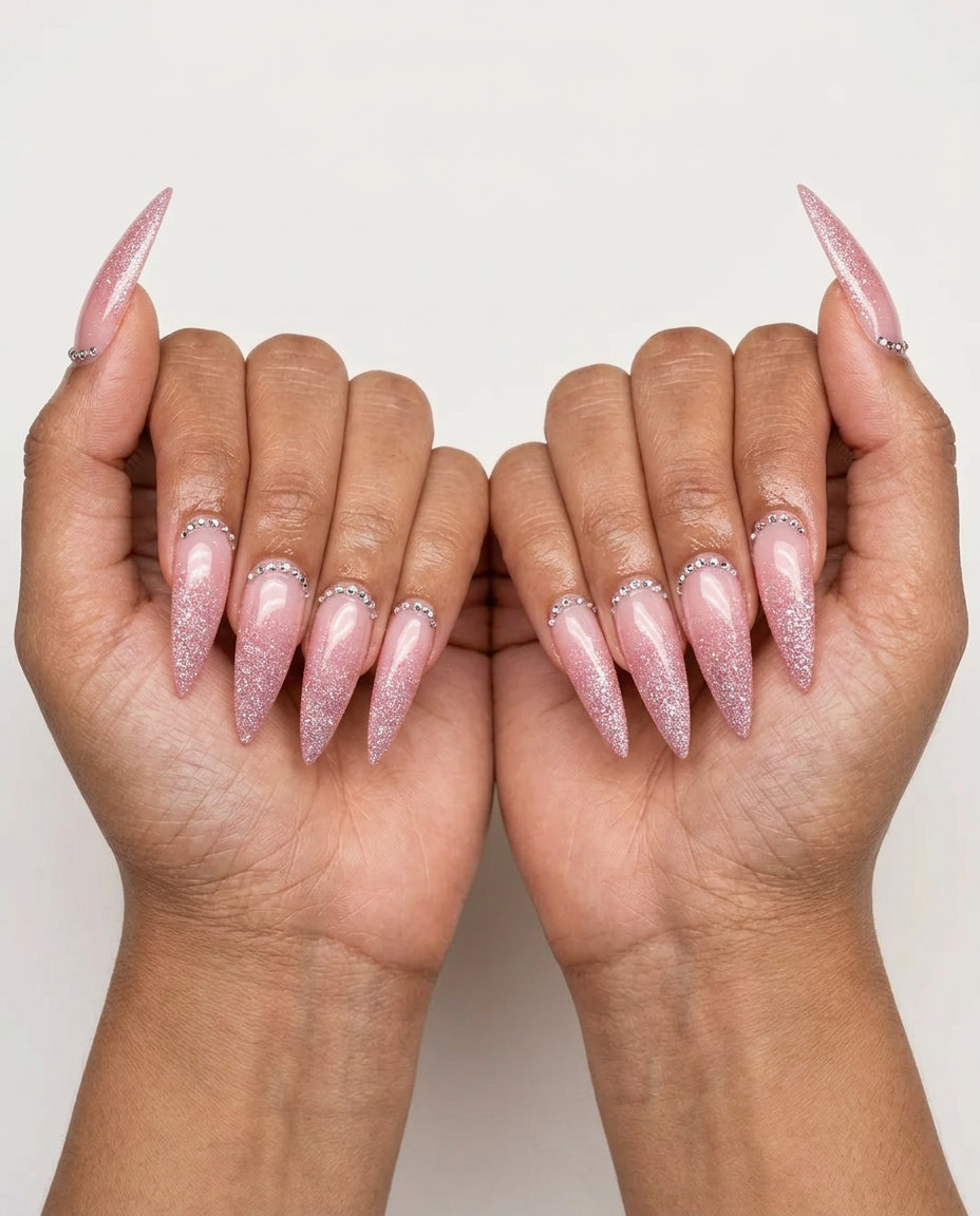 Fairy dust pink glitter ombre with rhinestones for summer glitter nails 2026.