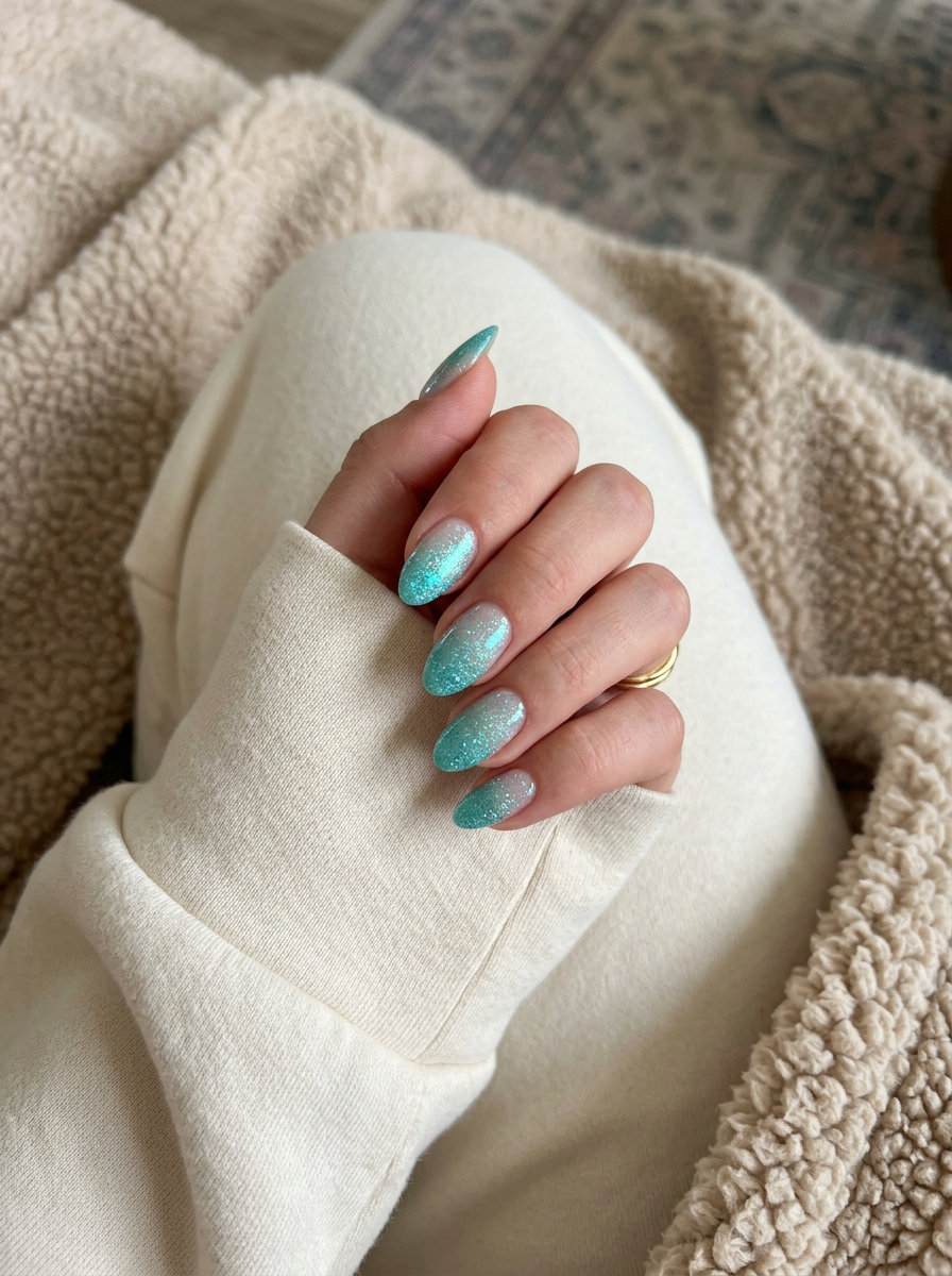 Seafoam Gradient Almond nails with aqua glitter and iridescent shimmer for summer glitter nails 2026. Perfect for vacation.