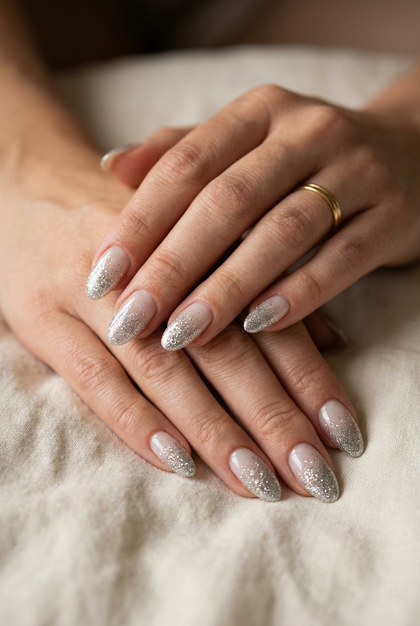 Sophisticated silver micro-glitter ombre almond nails for summer glitter nails 2026, perfect for weddings and evenings.