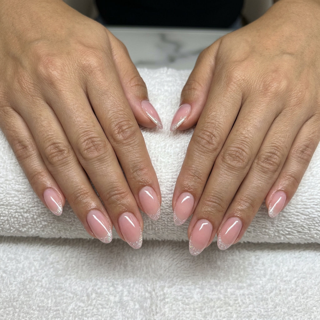 Subtle sparkle French almond nails for summer glitter nails 2026. Sheer pink with iridescent micro-glitter tips.