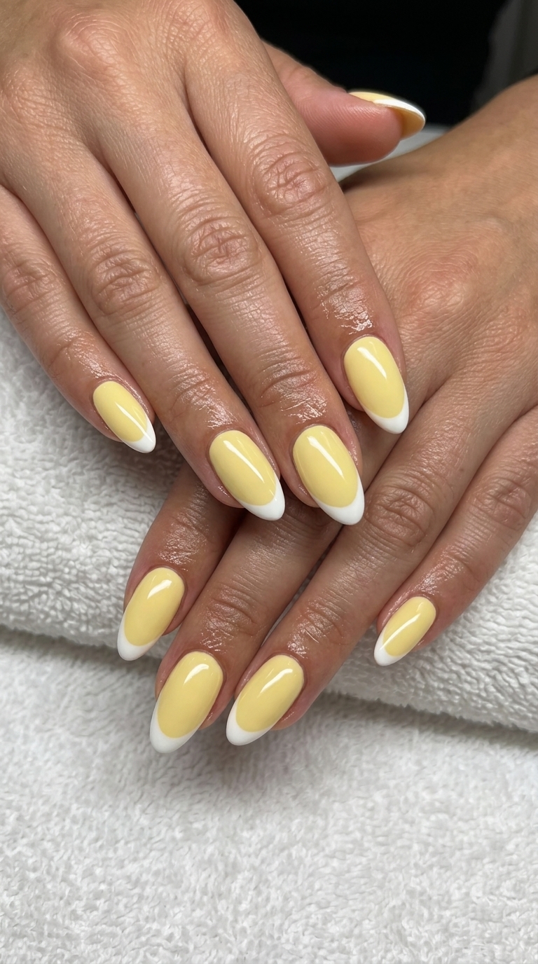 Butter Yellow & White French Tips nails for summer holiday nails 2026. Chic, playful daily wear style.