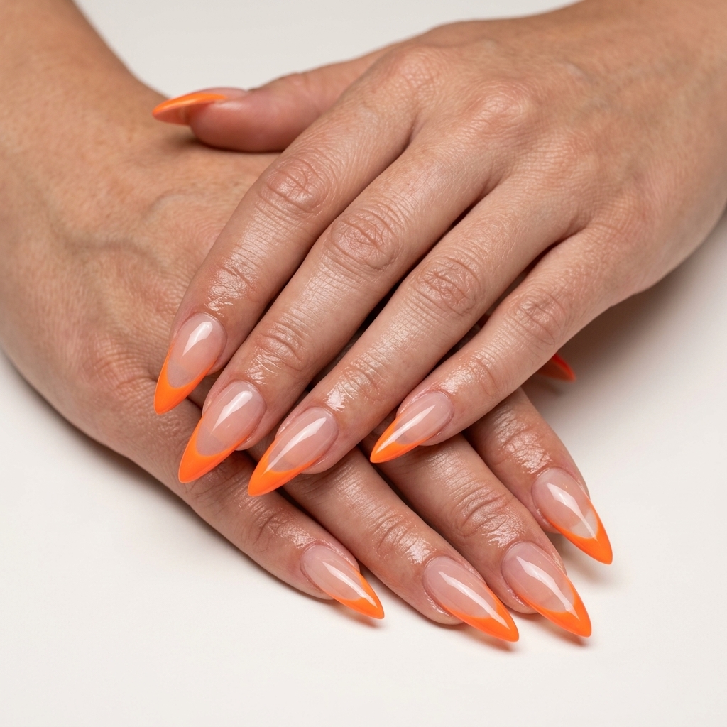 Electric Sunset French nails for summer holiday nails 2026: Neon orange tips on clear base for festivals.
