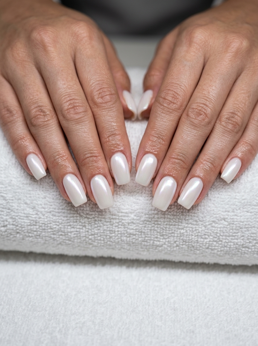 Ethereal Pearl Glaze nails for summer holiday nails 2026: Milky white gel with pearlescent chrome for elegant events.