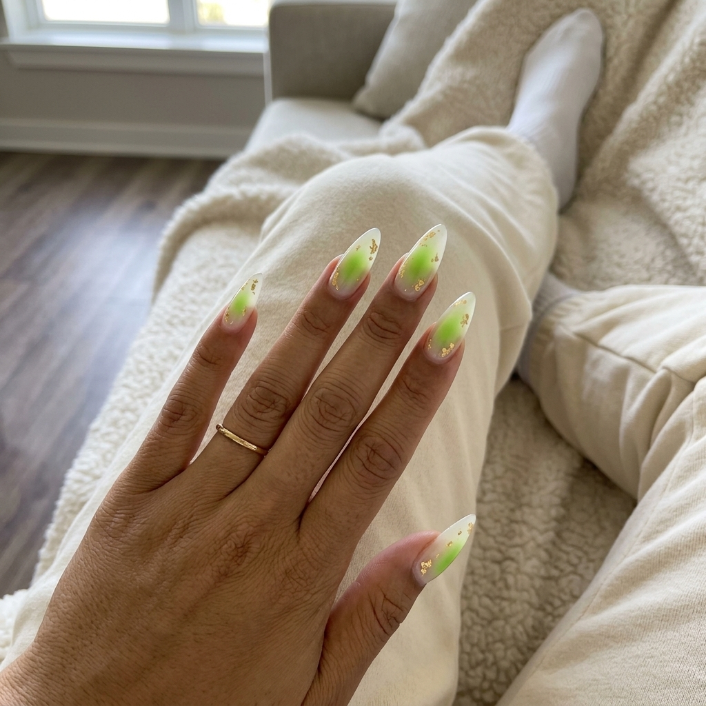 Lime Green Aura with Gold Flakes nails for summer holiday nails 2026: Edgy festival look with glam accents.