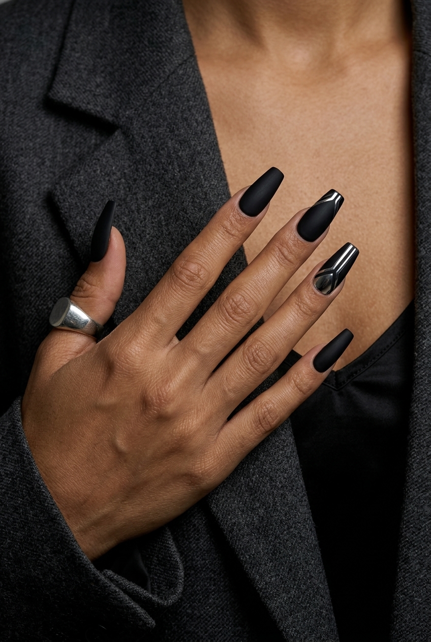 Matte Noir with Chrome Geometry nails for summer holiday nails 2026. Edgy, modern evening event style.