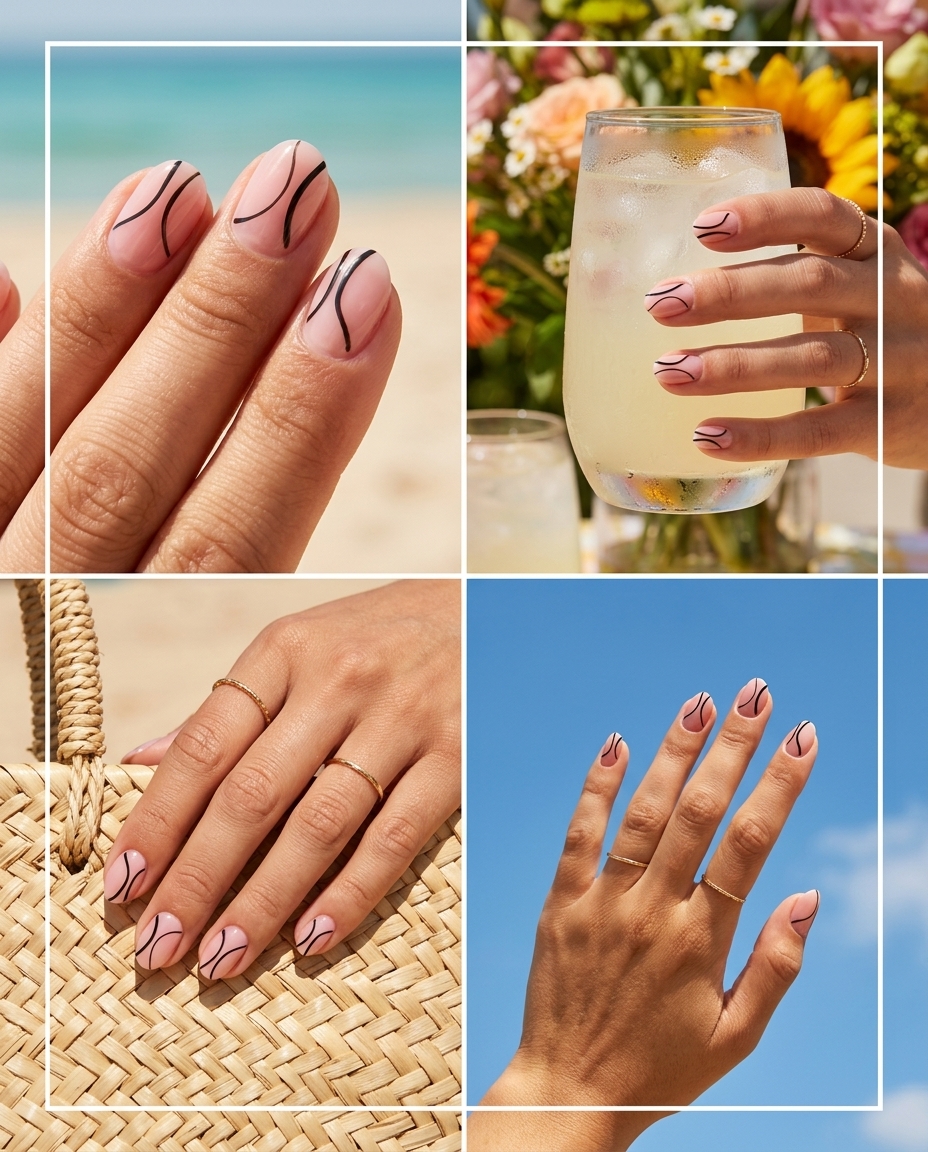 Minimalist Peach Abstract Lines nails for summer holiday nails 2026: Chic daily wear with artistic black lines.