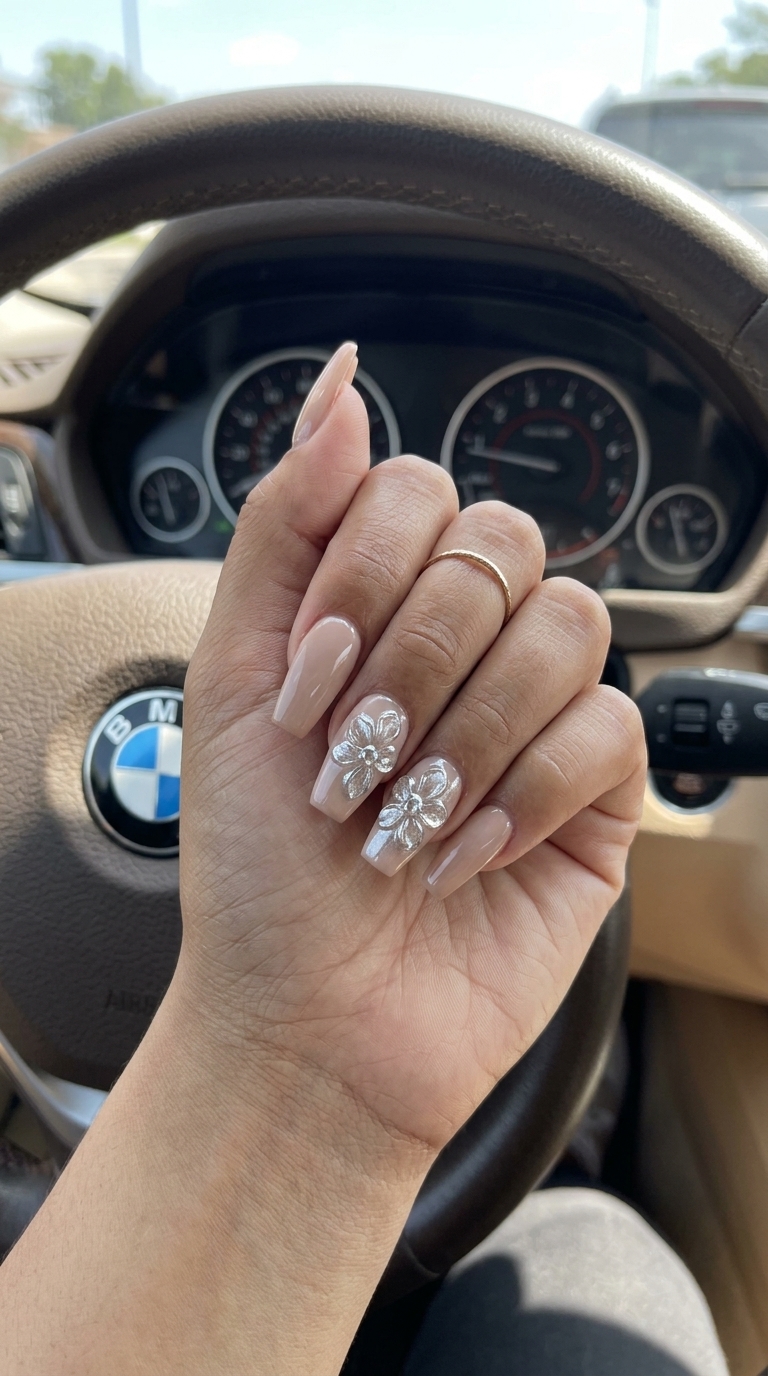 Sculpted Nude Bloom nails for summer holiday nails 2026, glamorous for parties and special events.
