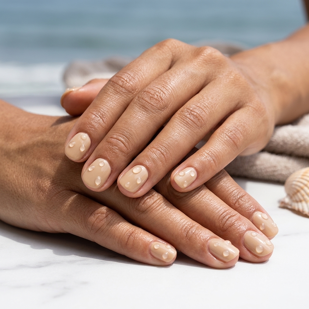 Sandy Beige Desert Dew Drops nails for summer holiday nails 2026. Minimalist, serene vacation style.