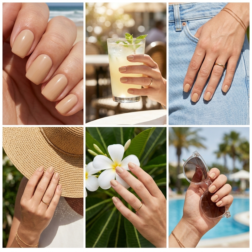 Subtle Sandy Builder Gel Overlay nails for summer holiday nails 2026: clean, minimalist, matte beige.