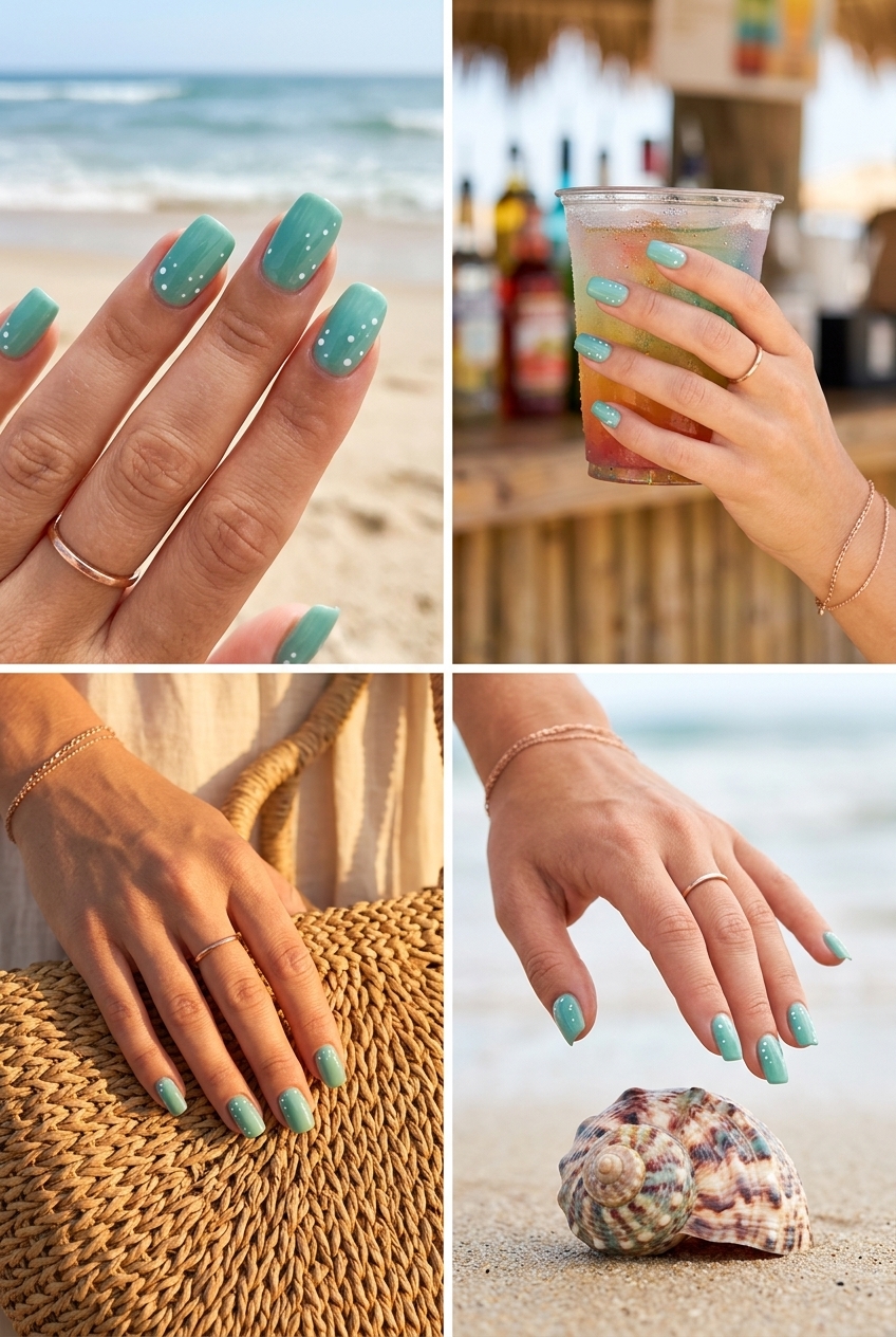 Playful Seafoam Dots Glossy nails for summer holiday nails 2026, great for beach getaways.