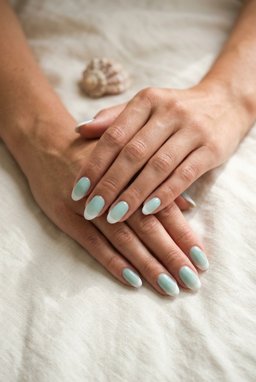 Seafoam Milky Gradient French nails for summer holiday nails 2026. Romantic, serene beachy look.