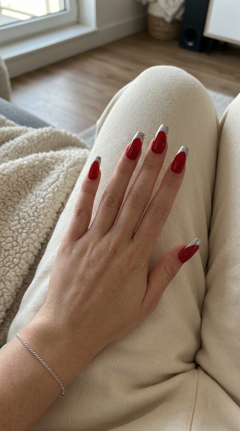 Sparkling Red Glitter French nails for summer holiday nails 2026. Glamorous party and night out style.