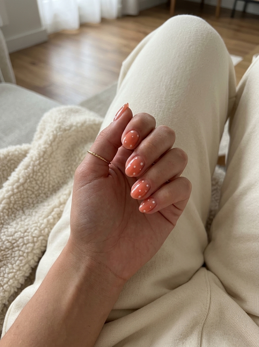 Coral garden dotty oval nails for summer nail inspo 2026. Cheery sheer coral with opaque white dots.