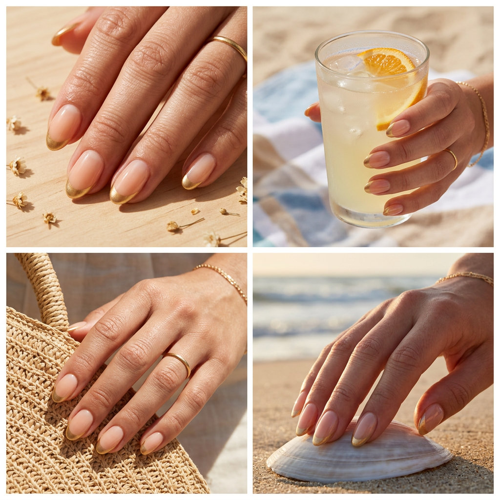 Golden Hour Peach Reverse French nails for summer nail inspo 2026. Sophisticated look for date night.
