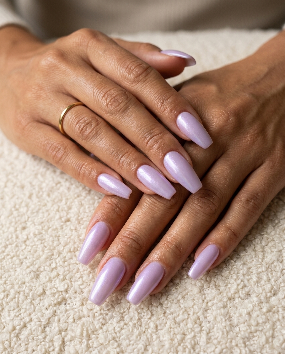 Lavender pearlescent coffin nails: glamorous summer nail inspo 2026 for parties and evening events.