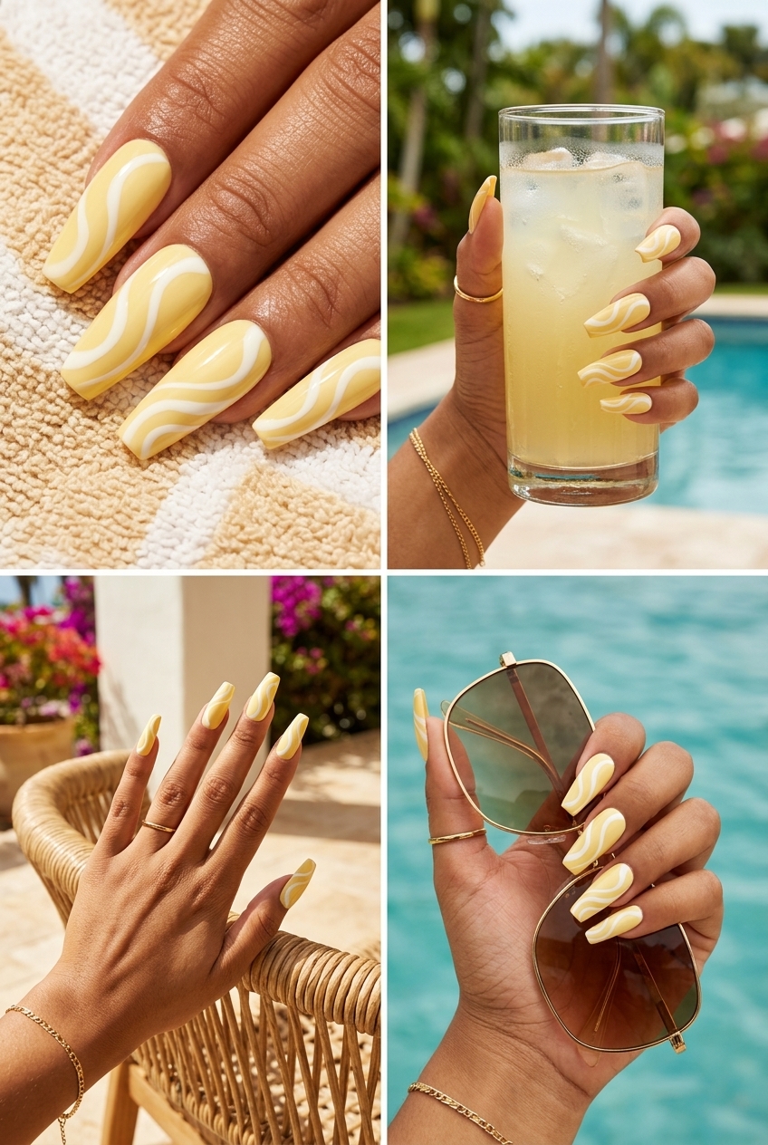 Lemonade swirl coffin nails for summer nail inspo 2026. Playful butter yellow with artistic white swirls.